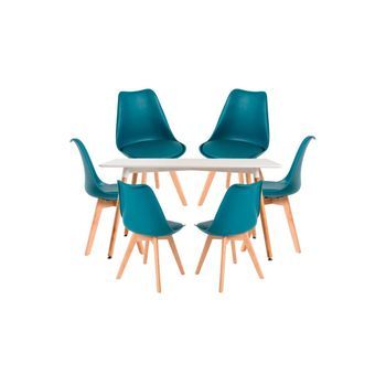 Conjunto Mesa Tower Rectangular 120 X 80 Cm Blanca Y Pack 6 Sillas Synk Basic - Verde Azulado