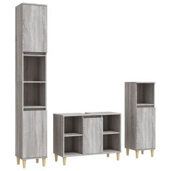 Set De 3 Uds Muebles De Baño | Armario De Baño Madera Contrachapada Gris Sonoma