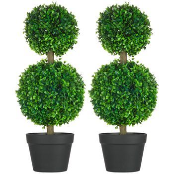 Set De 2 Plantas Artificiales Boj 60 Cm Planta Artificial Resistente A Los Rayos Uv Con Doble Bola Para Interior Y Jardín