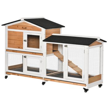 PawHut Conejera Exterior Jaula para Conejos Grande con Ruedas Techo Asfáltico Bandeja Extraíble y Rampa 157,4x53x99,5cm Natural   Aosom España