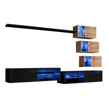 Conjunto De Muebles De Salón Switch Xxiv – Led – Negro Y Roble – Composición Mural De Diseño