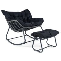 costway silla mecedora con reposapies de ratan pe cojines extraibles estructura metalica antideslizante carga 150kg para salon balcon negro
