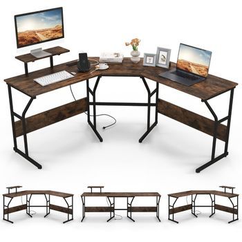 Escritorio En Forma De L Con Toma De Corriente Y... Mesa De Ordenador De Esquina Con Soporte De Monitor Móvil Marrón