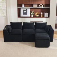 canape modular de 3 plazas  puff con cojines portavasos y 2 bolsillos laterales terciopelo acanalado negro