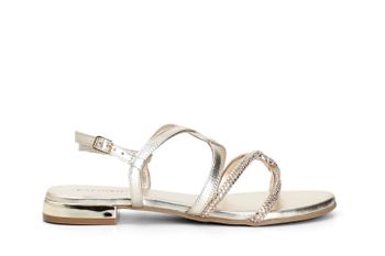 sandalias de piel con pala cruzada y pedrería termosellada gold