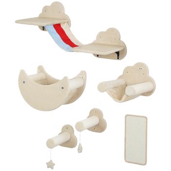 PawHut Juego de Escalada para Gatos de Pared de 6 Piezas con Hamacas Plataformas Tabla Rascador Escaleras y Estrellas Beige
