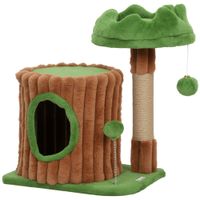 pawhut arbol rascador para gatos 53 cm diseno de tronco con casita cama poste de yute bolas marron y verde   aosom espana