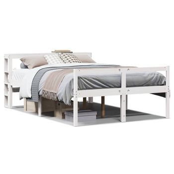 Cama Matrimonial | Cama Para Adulto | Cama Personas Mayores Y Cabecero Madera Pino Blanco 120x190 Cm
