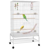 pawhut jaula para pajaros con ruedas bandeja extraible puertas comederos perchas y estante inferior 79x49x133 cm blanco