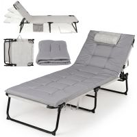 costway tumbona plegable con respaldo ajustable 4 posiciones cojin desmontable marco metal bolsillo almacenaje carga 120kg para camping playa gris