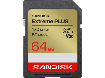 Tarjeta SD - SANDISK Extreme Plus, 64 GB, Vídeo 4k UHD, Hasta 170 MB/s lectura, U3, V30, C10, UHS-I, Oro