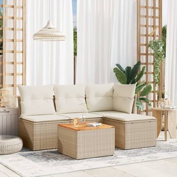 Conjunto De Sofás Jardín Con Cojines 5 Uds | Mueble Jardin Mesa Y Sillas Ratán Sintético Beige Cfw724382