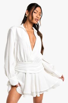 Vestido Mini Texturizado Fruncido Con Volante, Blanco