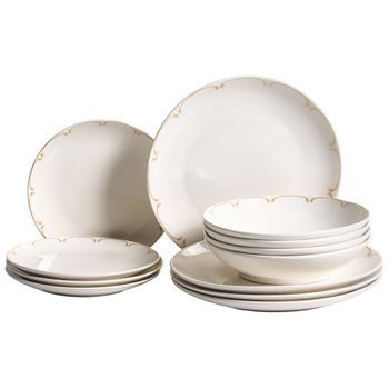 Vajilla De 12 Piezas De Porcelana Acabado Esmaltado Transparente Con Ribete Decorativo Blanco Y Dorado Charoli