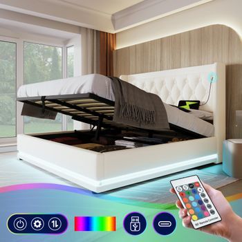 Cama Contenedor 160 X 200 Cm Con Cabecero - Tomas Usb Y Tipo C - Led - Cuero Pu - Blanco (sin Colchón)