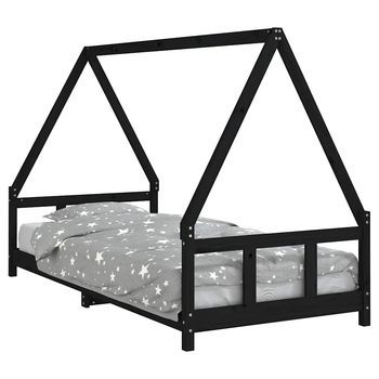 Cama Individual | Cama Infantil | Estructura De Cama Para Niños Madera De Pino Negro 90x200 Cm