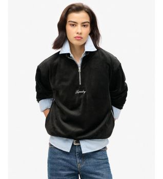 Superdry para mujer. W2012206A Sudadera Country Club Velour Half Zip negro (M), Casual, Poliéster, Manga larga