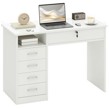 Escritorio Blanco Para Ordenador De Madera Con Cajones Y Estante Abierto – 110 X 50 X 76 Cm – Blanco