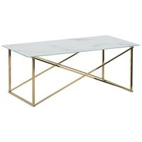 mesa de centro rectangular tablero de vidrio templado con efecto marmol blanco patas doradas base de acero inoxidable 100 x 50 cm glam emporia