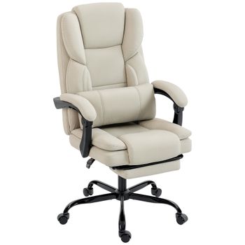HOMCOM Silla de oficina con tapizado de polipiel apta para mascotas, reposapiés, altura ajustable, con ruedas, Beige   Aosom España