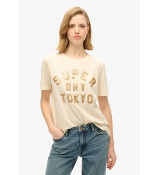 Superdry para mujer. W1011501A Camiseta purpurina beige (S), Casual, Algodón, Manga corta