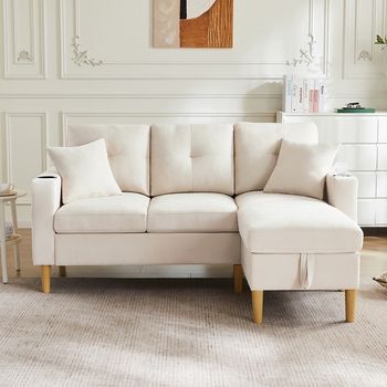 Sofá Moderno En L, Sofá De 3 Plazas Con Chaise Longue, Espacio De Almacenamiento, Portavasos Integrado, Se Entrega Con 2 Cojines, Adecuado Para El Salón, La Oficina, El Apartamento, Etc., Vídeo Disponible