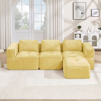 Sofá Modular De 3 Plazas En Forma De L Con Puf, Poliéster, Amarillo