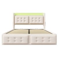 cama con almacenaje de tela de lino de 140x200 cm - con led y puertos de carga - beige