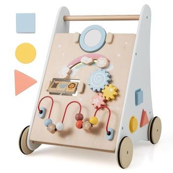 Fantask Andador 7 En 1 De Madera, Con Caja De Almacenamiento, Color Blanco, Con Tablero De Juego, Espejo Y Bloques De Construcción, Para Bebés A