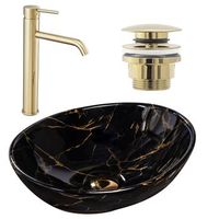 lavabo sobre encimera rea sofia black marble black  grifo de bano lungo high gold  tapon gold