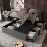 cama doble tapizada en terciopelo gris 140x190 somier hidraulico cofre de almacenamiento 3 cajones somier de lamas cabecera
