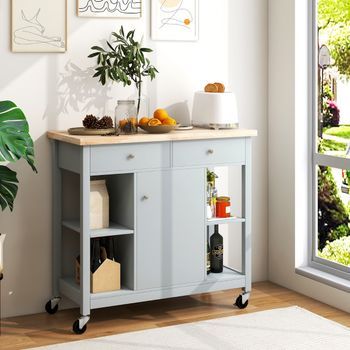 Carro Móvil Para Cocina Con Tapa De Madera Caucho 4 Estantes Abiertos 2 Cajones Y 1 Gabinete Gris