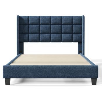 Cama Doble De 140x200 Cm En Lino Azul Con Cabecero Acolchado Y Somier De Láminas, Firmeza Media, Diseño Clásico, Sin Colchón