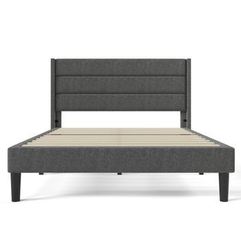 Cama Tapizada De 140x200 Cm En Lino Gris Oscuro, Cabecero De Diseño De 3 Paneles, Somier Incluido, Sin Boxspring, Altura 29 Cm