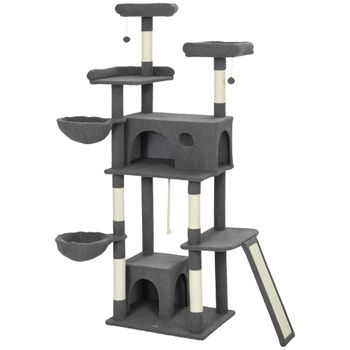 PawHut Árbol para gatos torre de juego con rascador 3 camas 2 casitas plataformas y 3 juguetes colgantes altura 174 cm gris   Aosom España