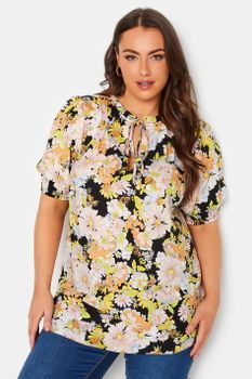 Yours Blusa Negra Y Amarilla De Flores, Mujer Curvy Y Tallas Grandes, Yours
