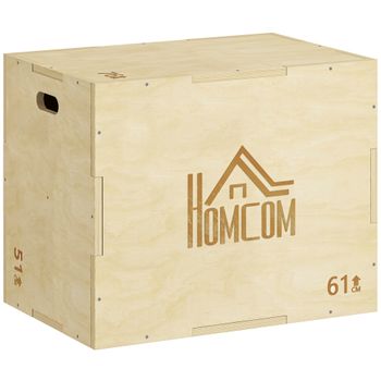 HOMCOM Caja Pliométrica de Madera 3 en 1 con 2 Mango Hueco Carga 120 kg para Casa Oficina Gimnasia 61x51x76 cm Madera Natural   Aosom España