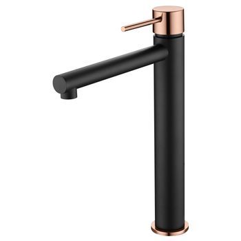 Grifería Monomando Para Lavabo Alto En Latón Negro Y Rosa Dorado Con Cartucho Cerámico