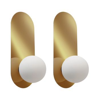 Conjunto De 2 Lámparas De Pared Ovaladas Con Pantallas Esféricas De Vidrio Opalino Dorado Leisi