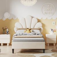 cama tapizada para ninos 90x200 cm cabecera en forma de flor somier de lamas terciopelo beige para adolescentes e invitados