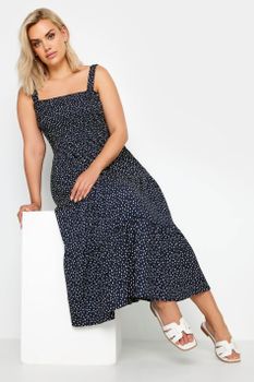 Yours Vestido Azul Marino Nido De Abeja De Tirantes Con Lunares, Mujer Curvy Y Tallas Grandes, Yours