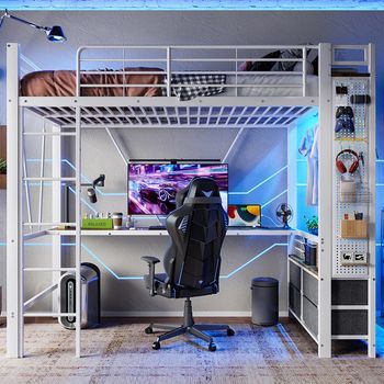 Cama Mezanine 90 X 200 Cm Estructura De Hierro Con Escritorio Con Tendedero Con Estantes 4 Cajones Con Enchufe Usb + Type-c Tira Led Barandilla Escalera Con Panel Perforado Sin Colchón Blanco