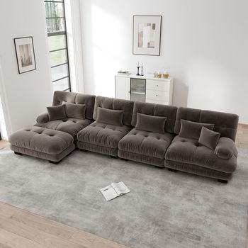 Sofá Modular En L 4 Plazas Con Chaise Longue Extraíble, Felpa Marrón, Confort Nube Y Combinación Diy