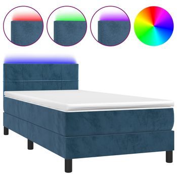 Cama Individual | Cama Para Adultos | Cama Box Spring Colchón Y Led Terciopelo Azul Oscuro 80x200 Cm