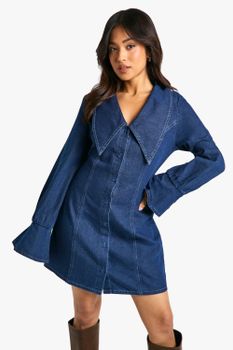 Vestido Petite Recto Vaquero Con Cuello, Azul