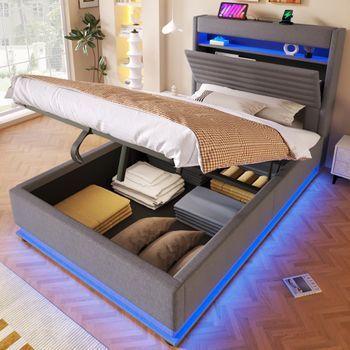 Cama Tapizada 90x200 Con Almacenaje Hidráulico, Led Y Carga Usb Tipo C, Gris