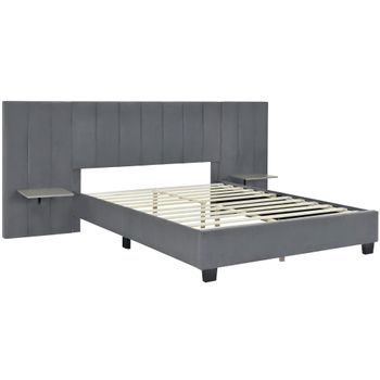 Cama Tapizada 160 X 200 Cm Con Respaldo Extensible - Estantes - Terciopelo - Gris