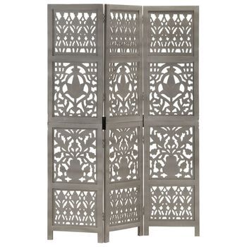 Biombo 3 Paneles Tallado A Mano Madera De Mango Gris 120x165 Cm Vidaxl