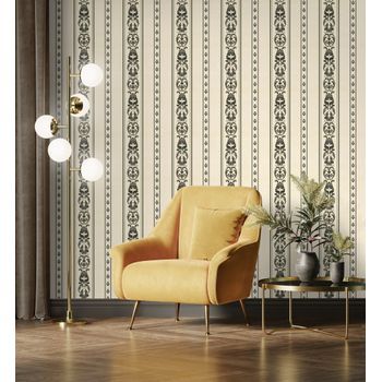Papel Pintado Vinílico De Rayas Con Cadenetas Barrocas Efecto Textura De Tela - Selim Imperial Stripe 676851 De Gaulan - Rollo De 10 M X 1,06 M