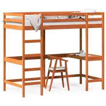 Cama Alta Con Escritorio Madera Maciza Pino Marrón 90x200 Cm Vidaxl